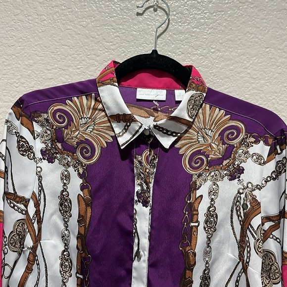 New‎ York & Company NY&C Blouse Shirt  Chain belt Belt Design purple White Sz M - Picture 8 of 10